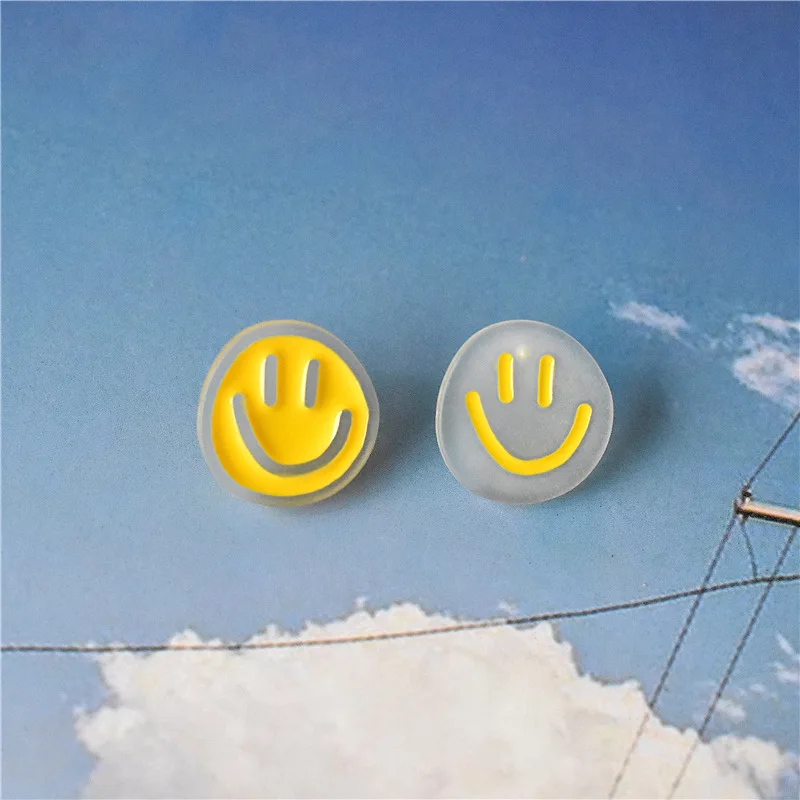 

Cute Yellow Acrylic Asymmetric Smiling Face Earrings with Hypoallergenic Silver Needle Creative Jewelry Stud Earrings for women
