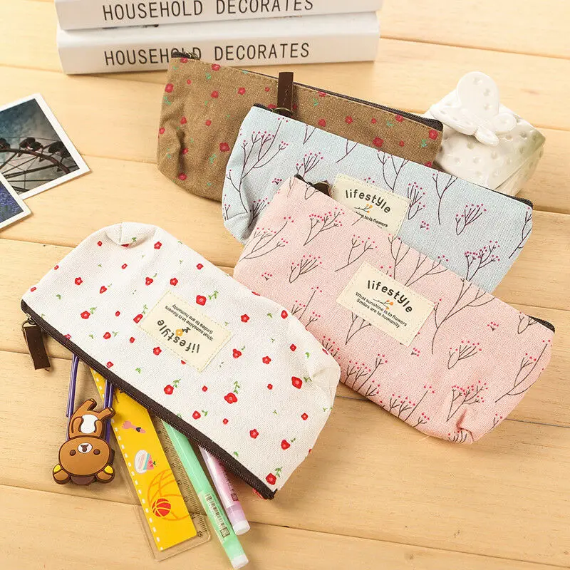 Kawaii Floral Zipper Pencil Case - Flower Canvas Fabric Pen Bags School  Supplies