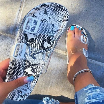 

Summer Women Flat Slippers Jelly Slides Transparent Strap Female Open Toe Causal Outdoor Ladies Leopard Snake Print Beach Shoes