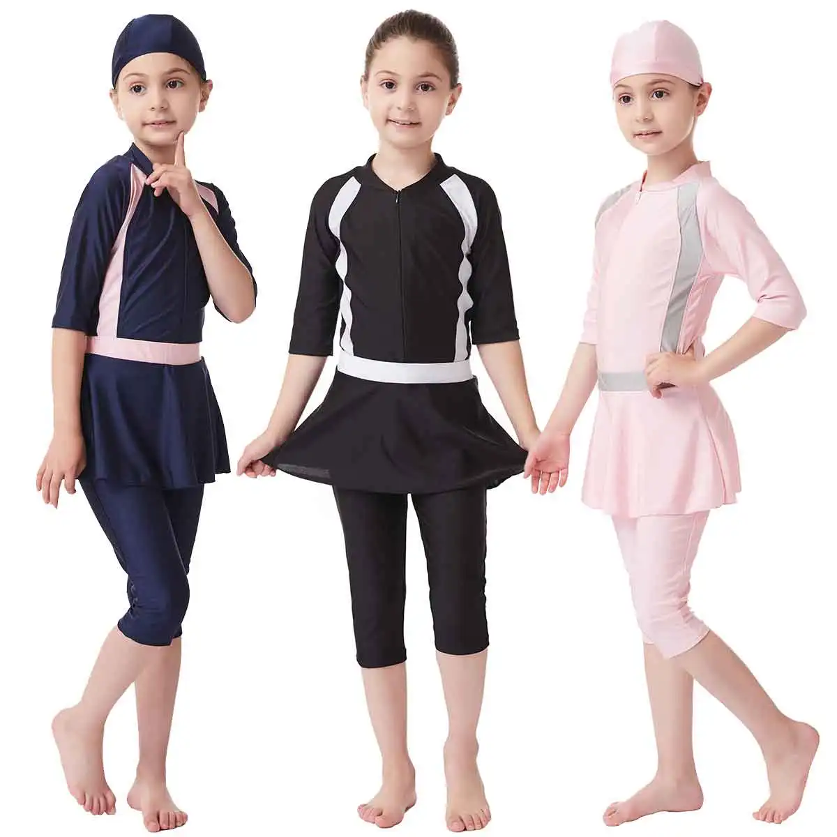 Kids Muslim Swimwear Cap + jumpsuit + skirt 3pcs Girls Modest Swimsuit Swimming Bath Shorts Diving Suit Arab Islamic Beachwear muslim swimwear