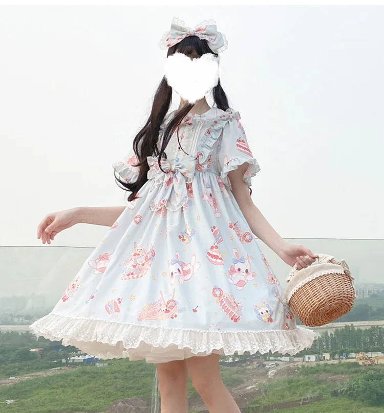 

Платье принцессы для чайной вечеринки в стиле сладкой Лолиты, винтажное кружевное платье с бантом и милым принтом в викторианском стиле, кавайное платье для девочек, Готическая Лолита, оп-лоли, cos