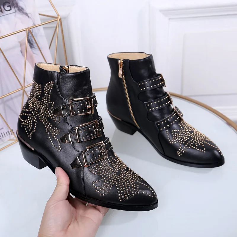 

Botas Mujer 2019 Rivet Square Heel Shoes Woman Buckle Straps Leather Booties Pointed Toe Zapatos De Mujer Autumn Fashion