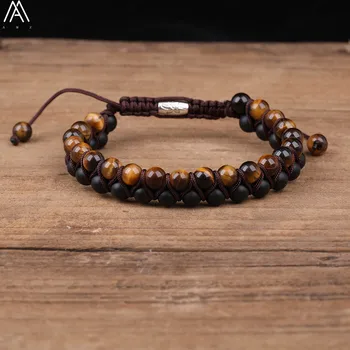 

6mm Round Natural Black Agates Tiger Eye Stone Double Layer Beads Woven Knotted Bracelet Boho Women Bracelet Jewelry N0344AMAJ
