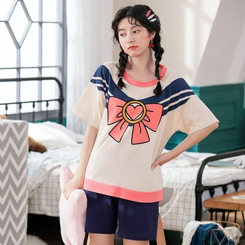 

Caiyier Cartoon Summer Cotton Pajamas Set O-Neck Sleepwear Pink Bowknot Print Casual Girl Nightwear With Receive Bag Home Wear