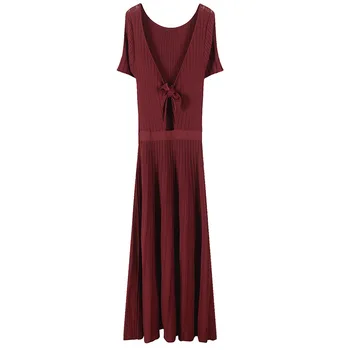 

Women Striped Pleated Slim Dress V Neck Short Sleeve Front Bow Knit Dress