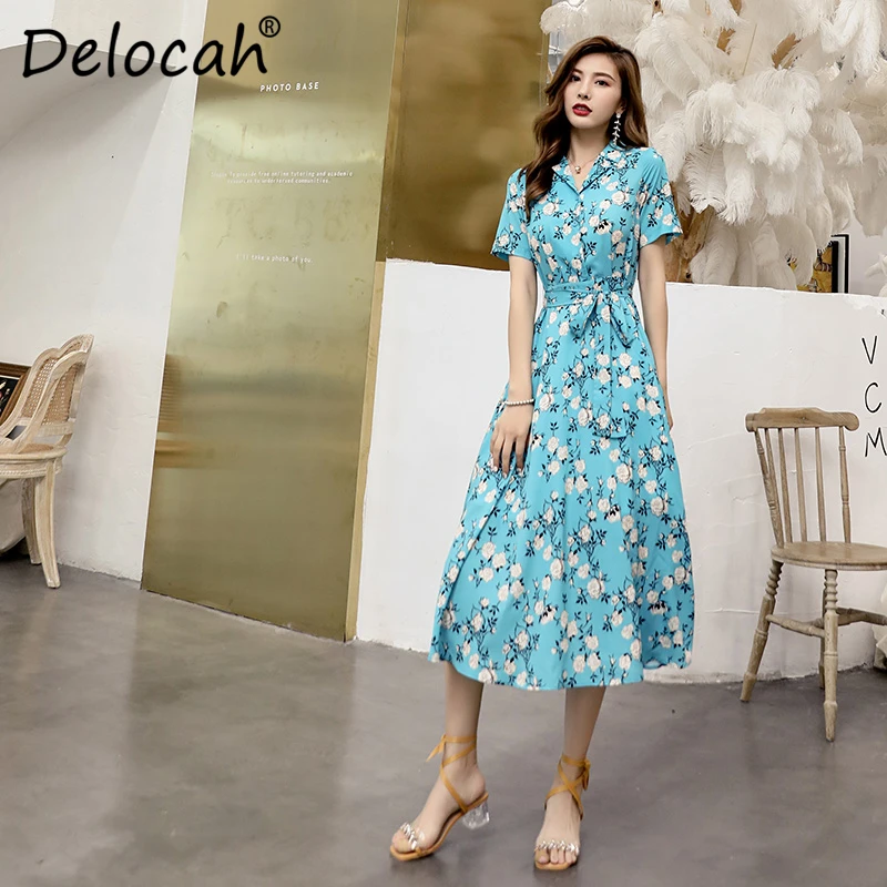 Delocah, модное летнее платье для подиума, женское платье с коротким рукавом, элегантное платье с цветочным принтом и бантом, Женские винтажные миди платья