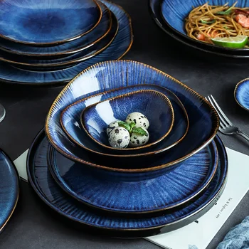 

KINGLANG New Klin Glaze Blue Color Ceramic Tableware Wholesale Flat Plate Deep Steak Dish Breakfast Dinner Plate Big Bowl