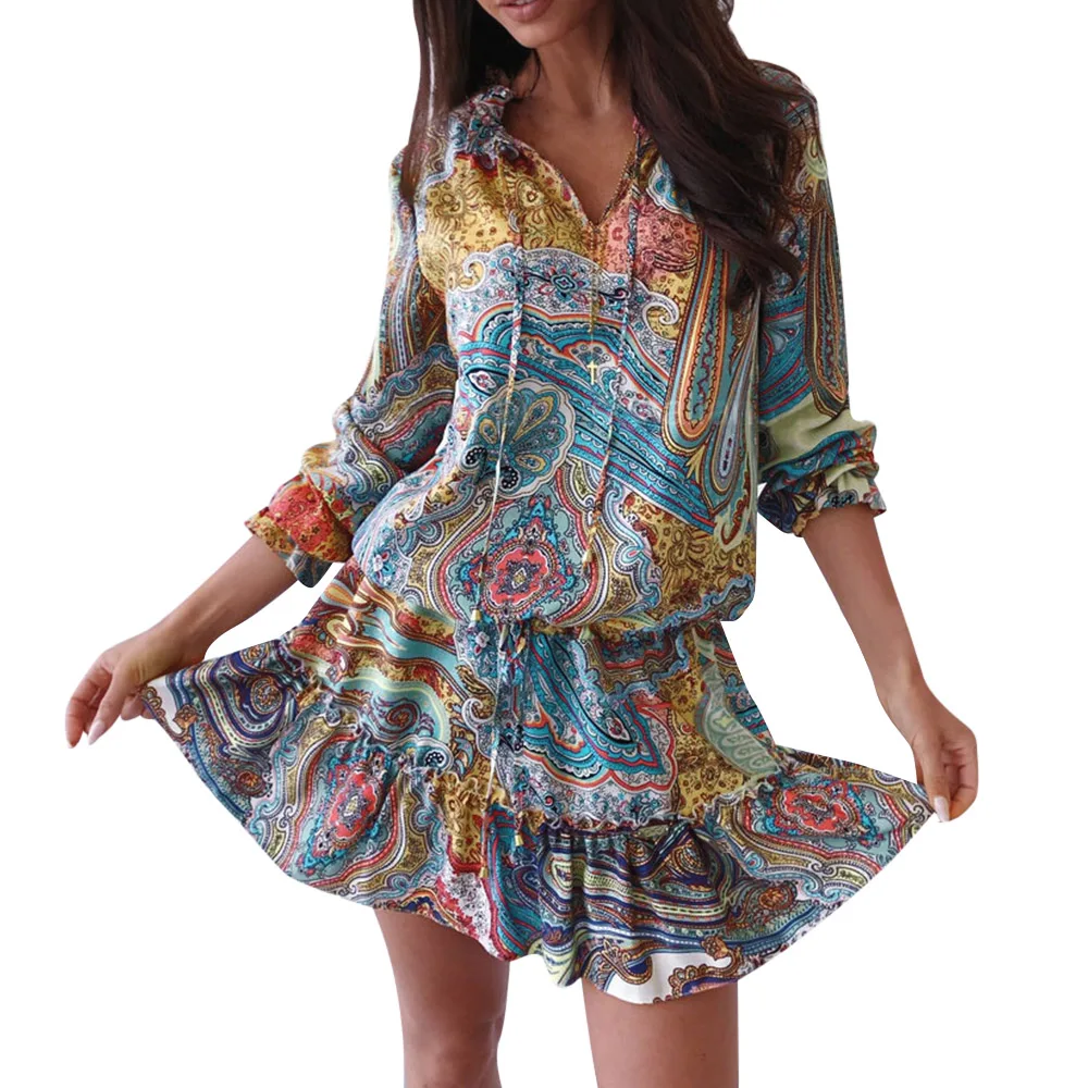 

Vintage Boho Ruffles Print Fall Women Mini Dress Casual V Neck Long Sleeve Lace Up Summer Sexy Beach Party Dresses Vestidos