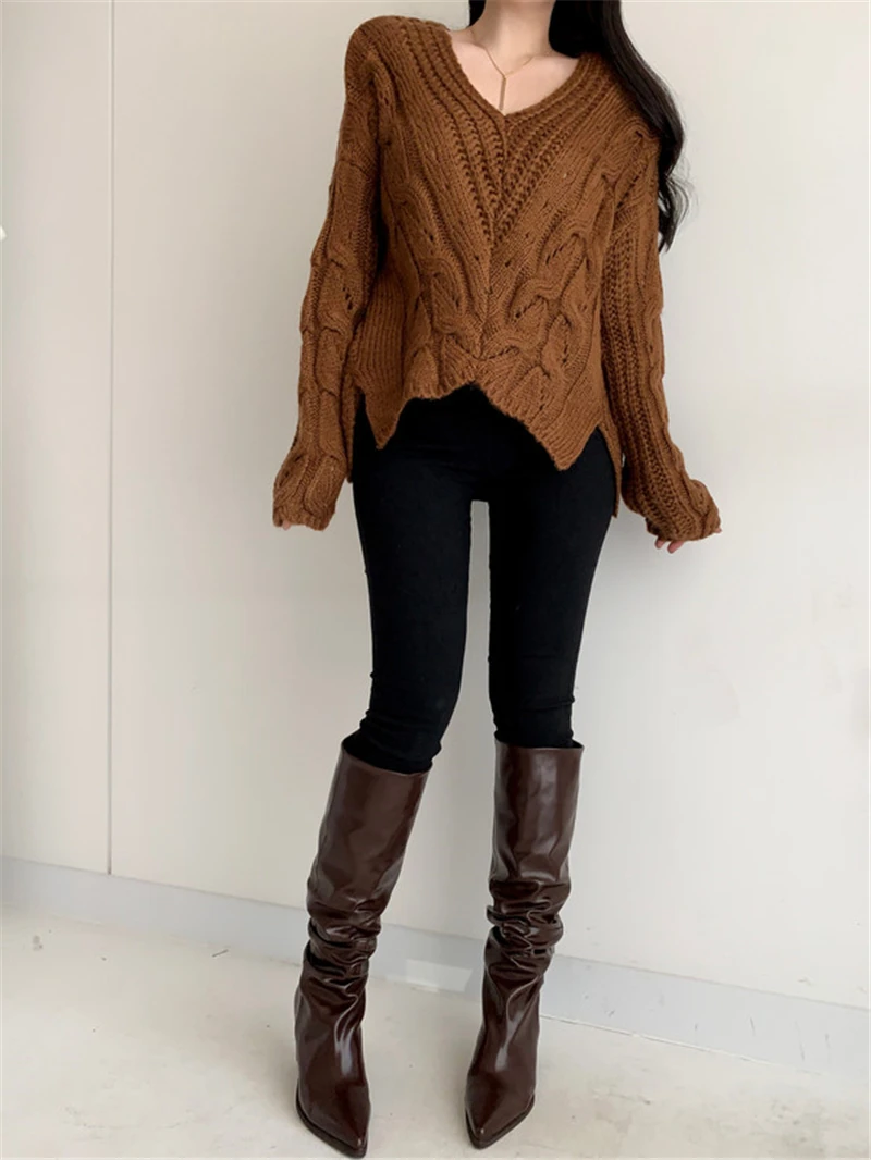 BGTEEVER, зимние винтажные свободные женские вязаные пуловеры с v-образным вырезом и длинным рукавом, женские пуловеры