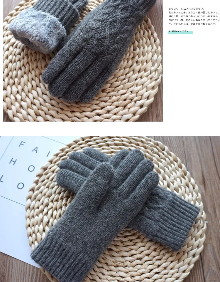 High Quality Women Knitted Wool Gloves Plus velvet thickening Winter Warm touch screen Gloves Female Driving Full Fingers Mitten