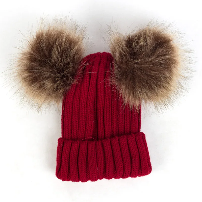 Детская зимняя шапка для девочек, комплект шарфов, вязаные утолщенные фланцевые шапки бэги с помпонами для малышей, теплые шапки с меховыми помпонами, шапки для новорожденных - Цвет: Wine Red