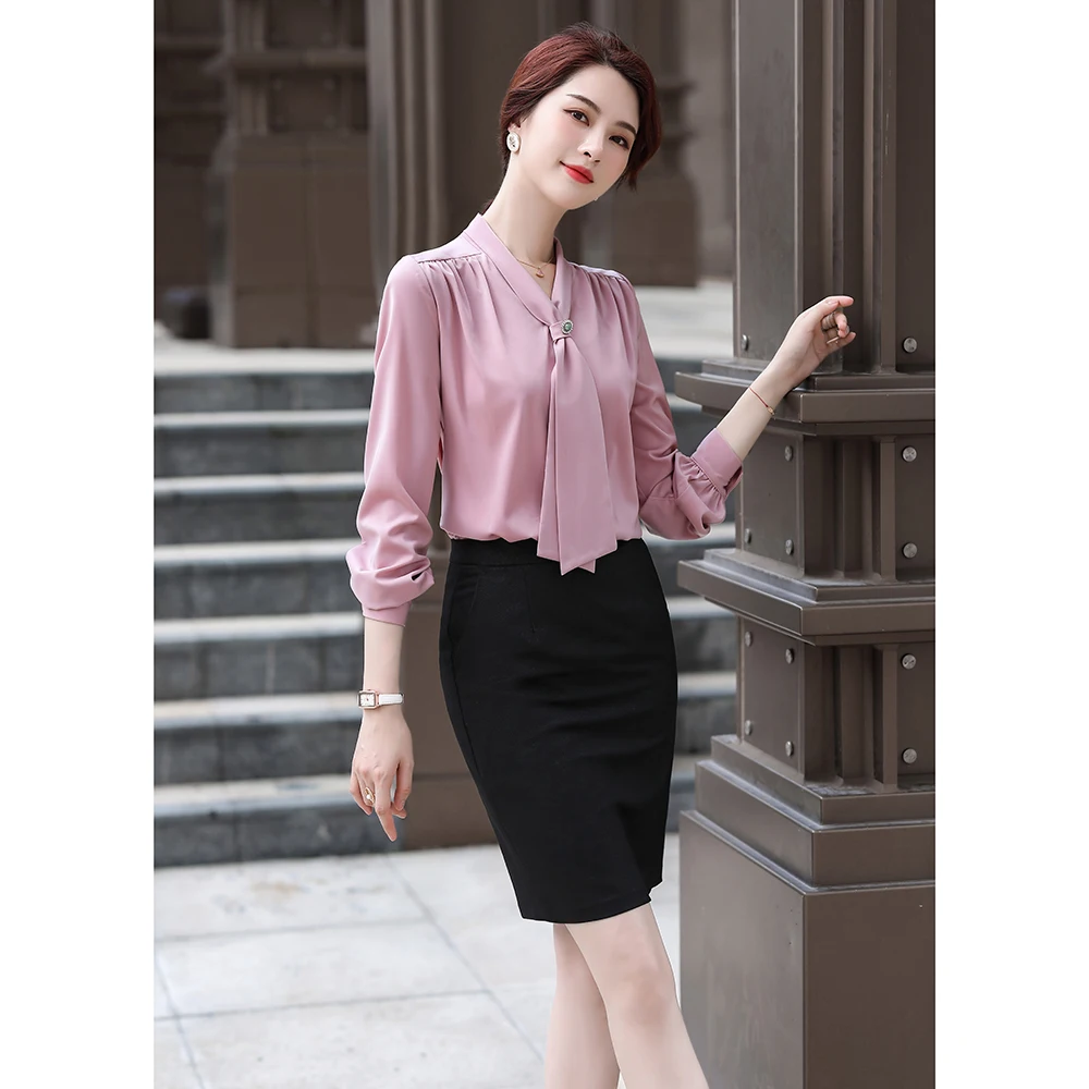 

2020 New Autumn Elegant Solid White Pink OL Female Blouse Long Sleeve Office Lady Shirt Formal Tops Plus Size Clothing For Women