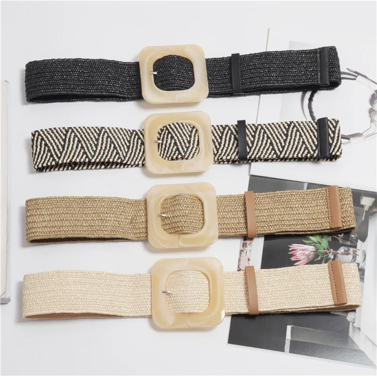 

Wax Rope Braiding women belt Square Buckle Skirt Belt Woman's Vintage Knitted Waist Belt Woven Female Elastic Braided Belt BZ46