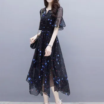 

Free ShippingFashion Women Sweet Dress Chiffon Printed Ruffled V-neck Flare Sleeve High Waist