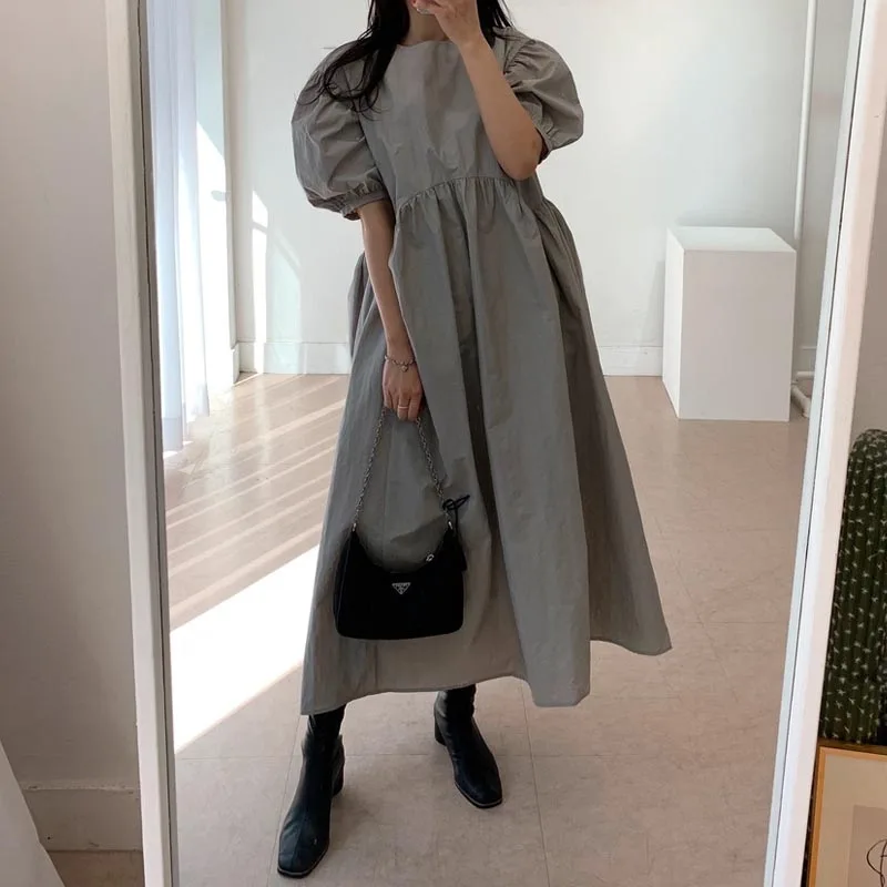 

One-Piece Korean Dress 2020 New Summer Women Vintage Loose Dress High Waist Slim Was Thin Round Neck Pleated Design Maxi Dress