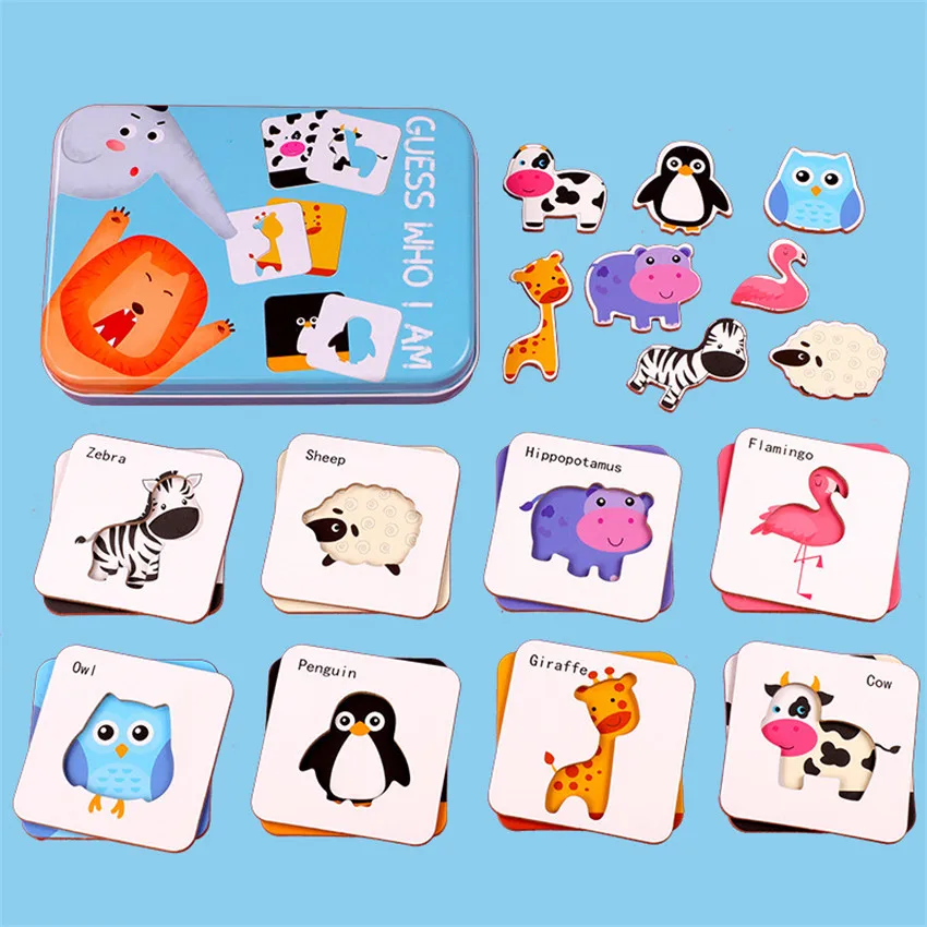 

Children Creative Wooden Puzzle Iron Box Toys Cartoon Animals Dinosaur Puzzle Cognitive Interactive Game English Learning Cards