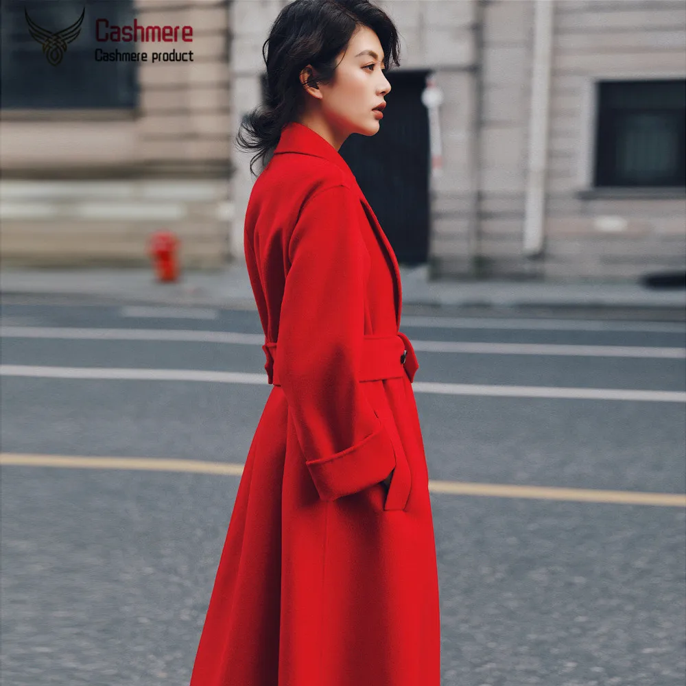 Новое осеннее и зимнее шерстяное пальто женское длинное двухстороннее пальто из чистой шерсти элегантное красное шерстяное пальто Черная куртка