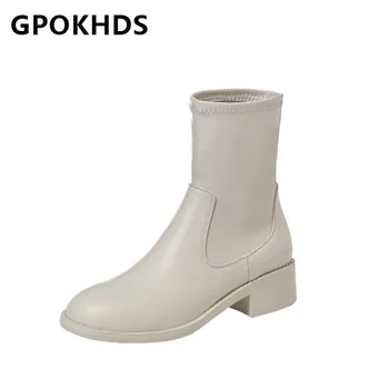 

GPOKHDS 2021 women Ankle boots Cow leather winter short plush Round Toe Med heels female boots size 39