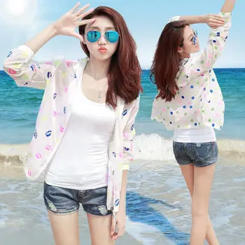 

New Fashion Women Sunscreen Jacket Long Sleeve Casual Cartoon Print Shirt Zipper Pockets Summer Thin Section Jacket