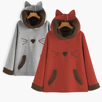 

Autumn Winter Two-color Thicken Plush Splice Women Hoodies Cute Cartoon Printed Loose Sweatshirt Hem Tunic Oversized Hoodie