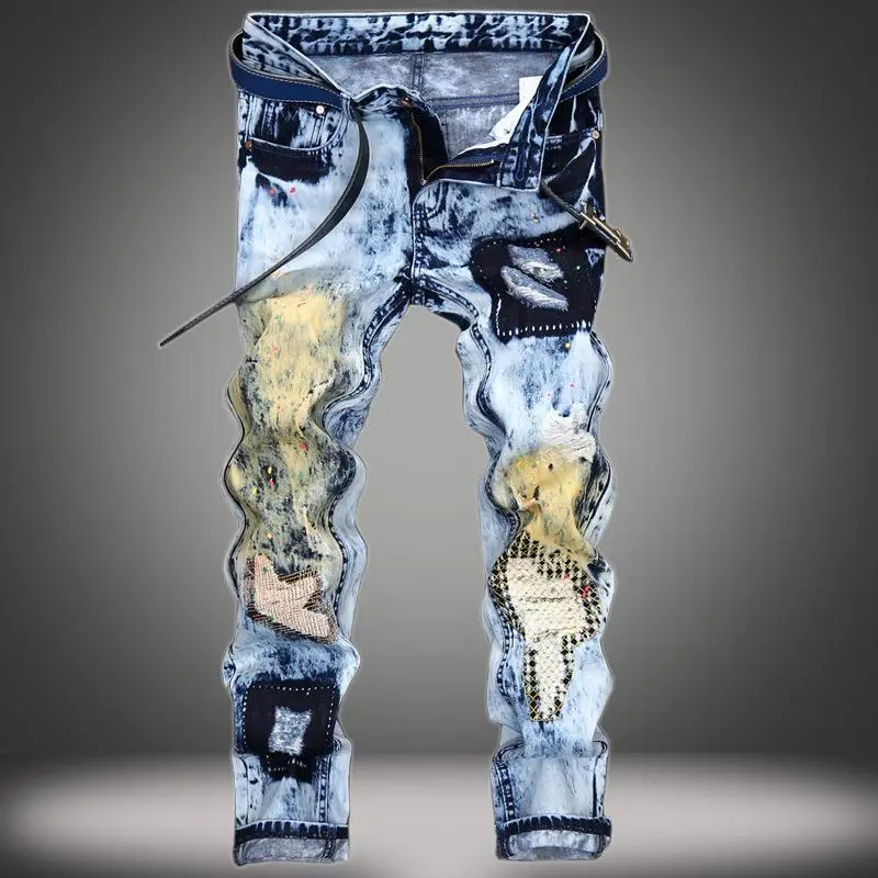 

Fashion trend light blue jeans men's European and American embroidered holes patch stitching personality straight pants trouser