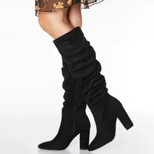 Женские высокие сапоги; сапоги до колена; женская прогулочная обувь; модные пикантные сапоги до середины икры с острым носком; цвет черный, серый; высота каблука 9,5 см