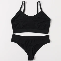 Seamless Ribbed Crop Top & Thong Lingerie Set - M (Black)