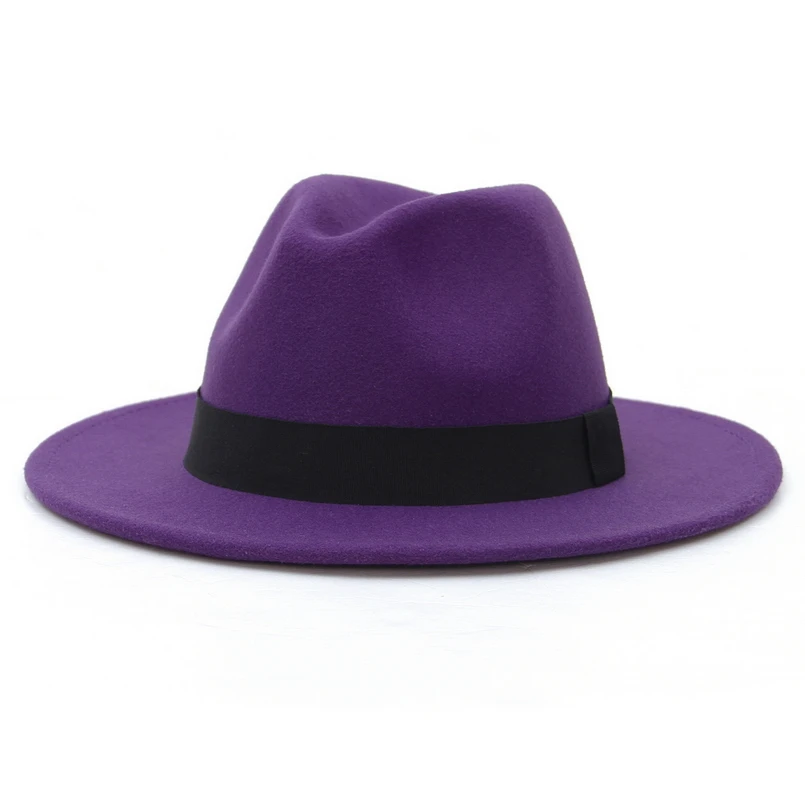 GEMVIE, новинка, с широкими полями, белая фетровая шляпа для женщин, шерстяные фетровые шляпы для мужчин, Осень-зима, Панама, джазовая Кепка, в полоску, черная полоса - Цвет: Фиолетовый