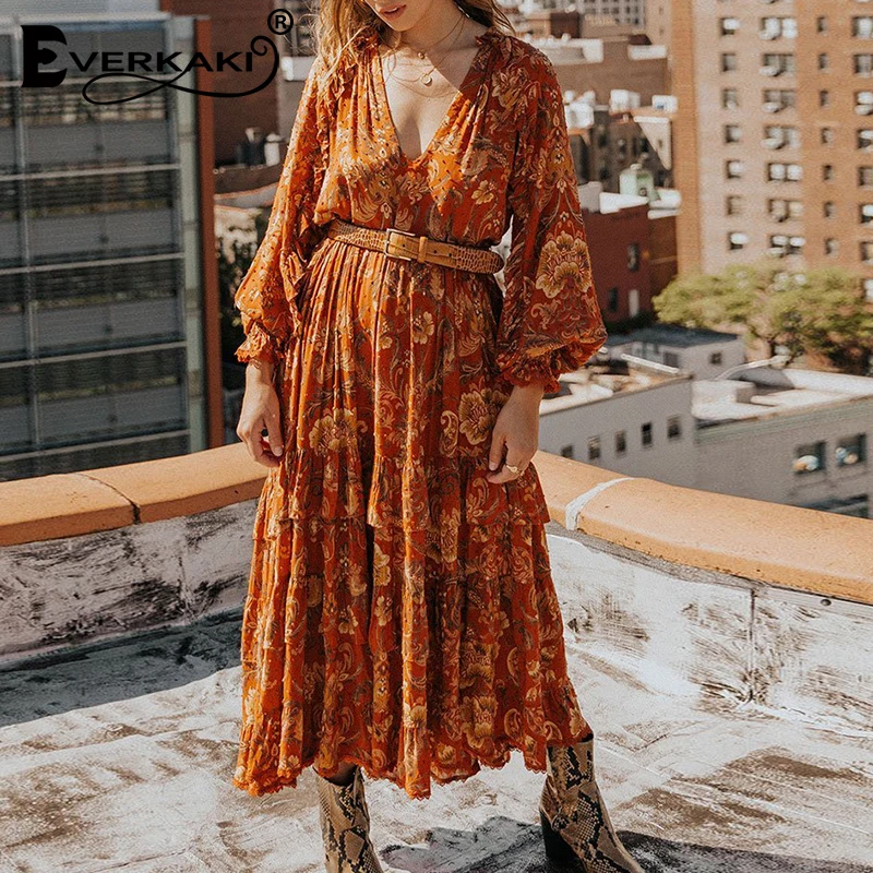 Everkaki Boho длинное платье с принтом женские осенние зимние кружевные лоскутные