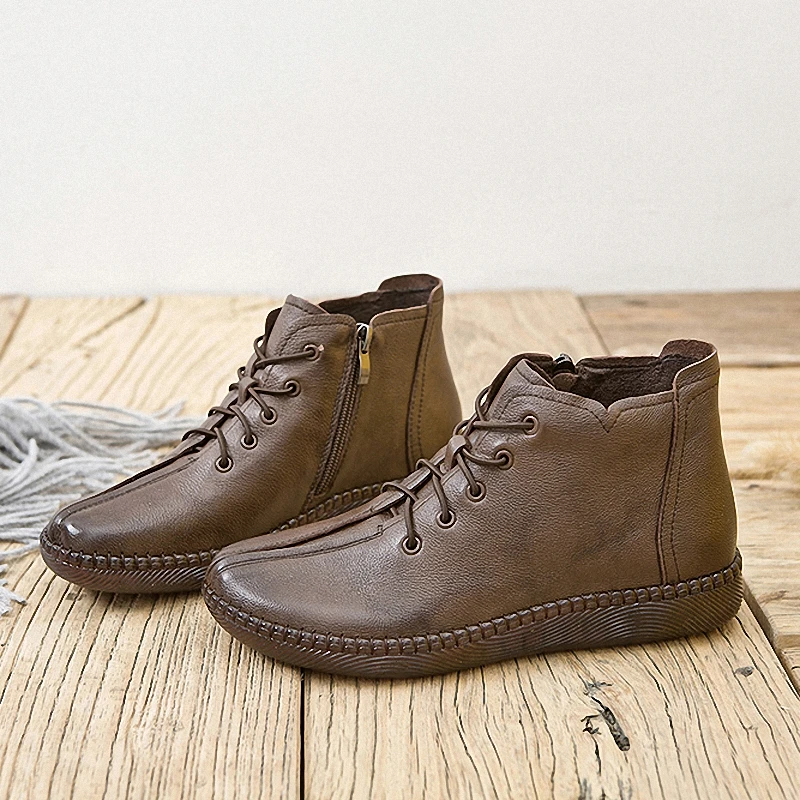 

Sansom 2020 Brand Women Genuine Leather Shoes Woman Ankle Boots Female Retro Rubber Boots Slip On Wedges Platform Shoes With Fur