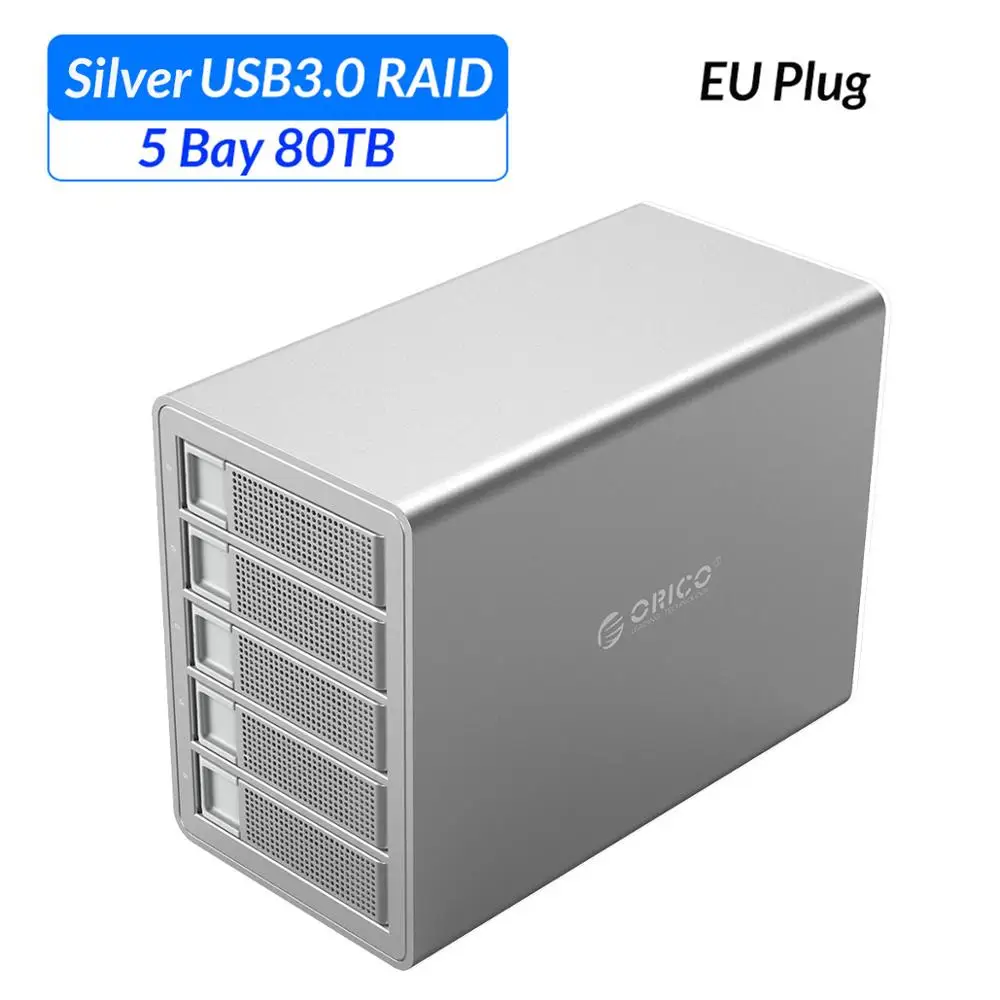 ORICO 5 bay 3,5 ''док-станция для жесткого диска USB3.0 на SATA с RAID алюминиевый корпус для жесткого диска 150 Вт внутренний адаптер питания чехол для жесткого диска - Цвет: Sliver EU Plug