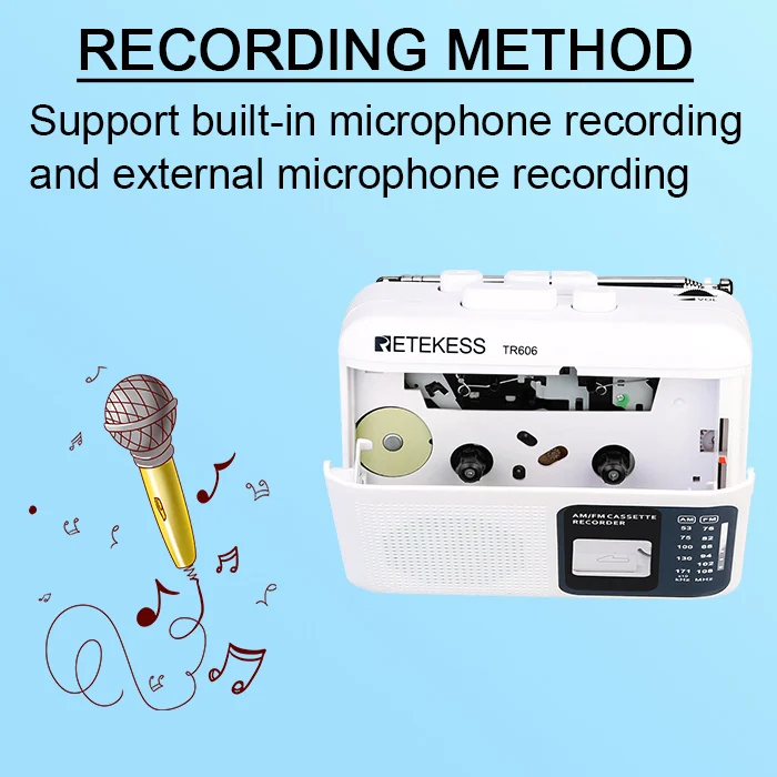 Retekess TR606 2 Band FM/AM портативное радио с воспроизведением кассеты Диктофон поддержка Встроенный/внешний микрофон Запись