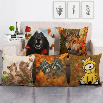 

Autumn Animal Series Cushion Cover Dog Squirrel Wolf Raccoon Pillowcase Living Room Sofa Bedroom Bay Window Decor Accessories
