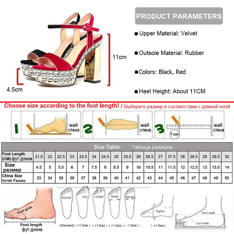 Phoentin супер Обувь на высоком каблуке женские сандалии на платформе ремешки и отделка стразами; сандалии на высоком каблуке 11 см, на высоком каблуке Летняя обувь красный бархат черный FT767