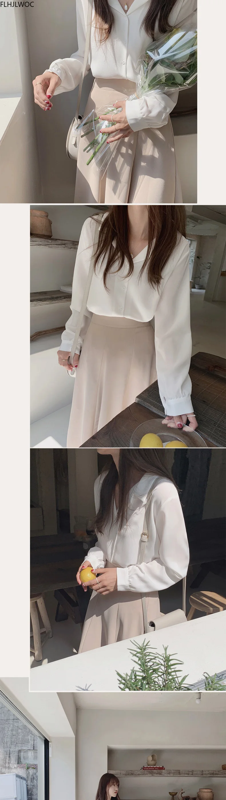 cute blouses White Shirts Long Sleeve Single Breasted Button Elegant Office Lady V Neck Work Blouse Women Chic  Korea Top 7301 sexy blouses for women