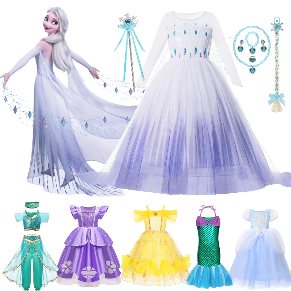 Frozen Elsa Princess Dress Girl Kids Rapunzel Sofia Cenerentola Abbigliamento Cosplay Belle Anna Mermaid Ariel Jasmine Aurora Costume