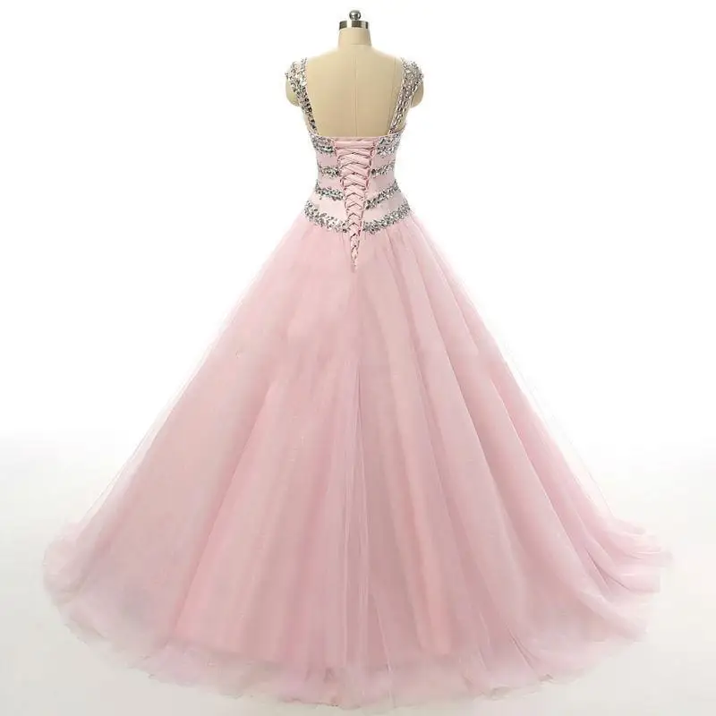2016 cheaper Ball Gown Sweetheart Crystal Beaded Lace-up Tulle Pink Prom Gowns 2016 Real Sample evening Dresses Vestido De  Noiva