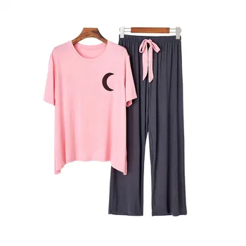 

Women's Homewear Pajamas Casual Cozy Loose Modal Printing Short Sleeve + Wide Legs Trousers Pajamas 2020 Spring and Summer New