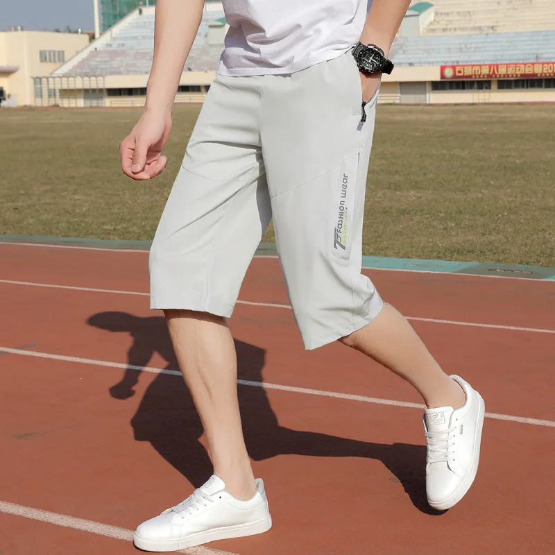 Men's Summer Leisure Gym Jogger Sports Pants Ice Silk Air-conditioned Quick-dry Fitness Seven-minute Pants Loose Trousers