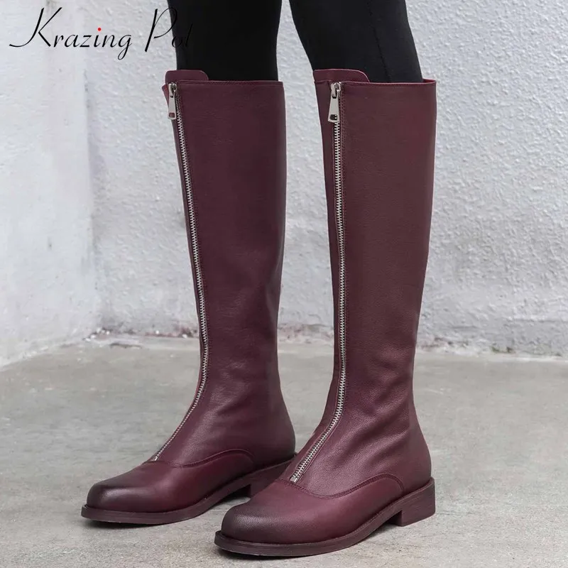 krazing pot hot handsome front zipper knight boots cow leather round toe med heels women keep warm fashion thigh high boots L23