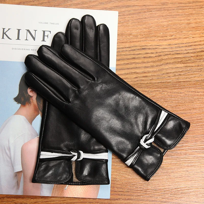 New Genuine Leather Women's Gloves Autumn Winter Thermal Wool Knitted Lined Sheepskin Gloves Female Black Wine Red L0131-9