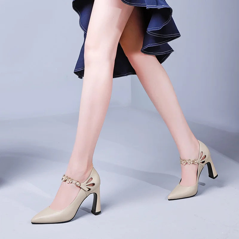 

2019 Spring New Style 33 Small WOMEN'S Shoes Straight Line Buckle Single High Heel Shoes Pointed Toe Chunky Heel Leather Shoes
