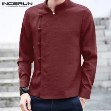 INCERUN Китайская традиционная рубашка Мужская Ретро хлопок сплошной длинный рукав Тан костюм на пуговицах, со стоячим воротником повседневные мужские рубашки осень