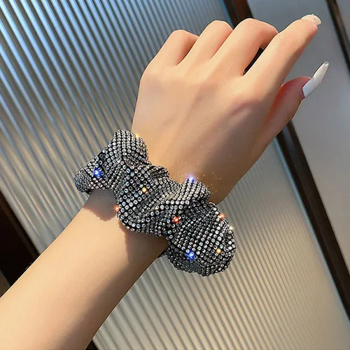 패션 라인 석 여성 실크 Scrunchie 탄성 수제 헤어 블랙 밴드 포니 테일 홀더 머리띠 헤어 액세서리 3