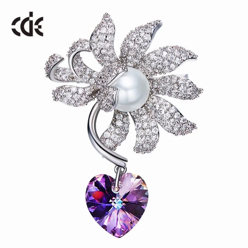 CDE Высокое качество жемчуг Подсолнух брошь с фиолетовым кристаллом от Swarovski