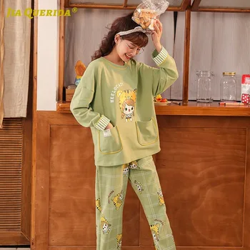 

Green Top Cartoon Printing Pajamas Set Homesuit Homeclothes Sleepwear Fashion Style Casual Style Pj Set Pjs Woman Pajamas Set