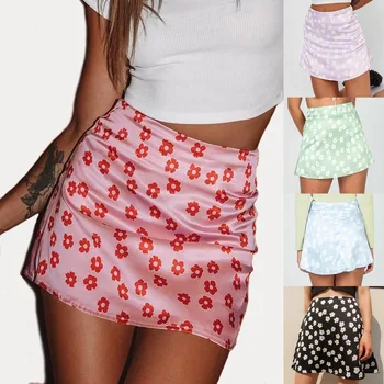 

2020 Summer High Waist Satin Printed Short Skirt Pink Floral Skirt