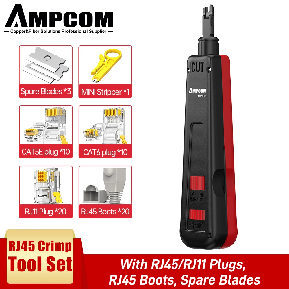 AMPCOM RJ45 Crimping Tool, 8P/6P-RJ11, RJ12 Crimper Cutter Stripper Crimper Cutter Stripper Plier 