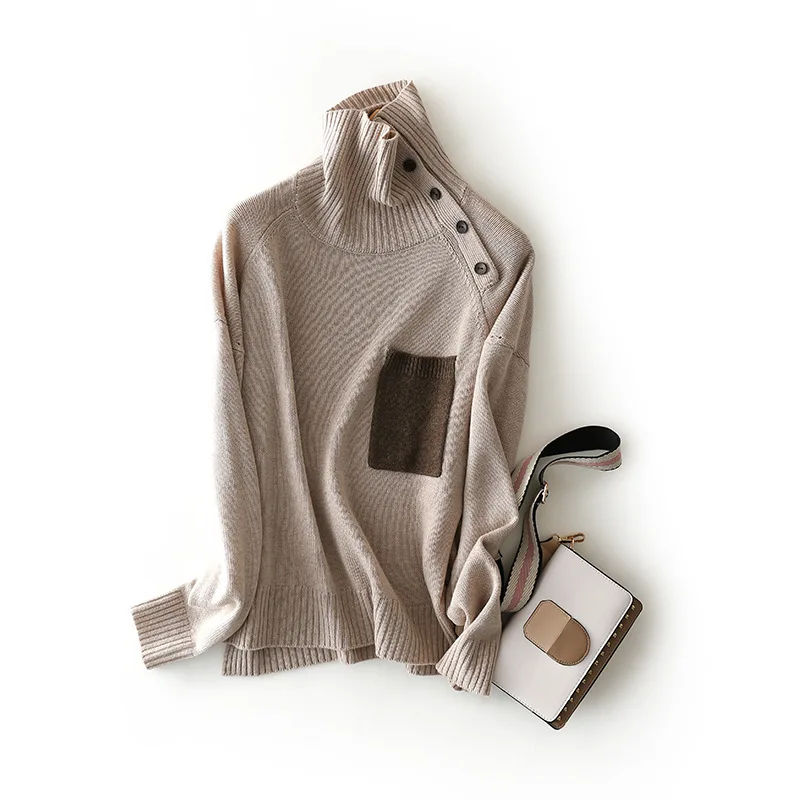 Женские свитера, новинка, зимний шерстяной свитер с высоким воротником и длинными рукавами, женский свитер с карманами - Цвет: Хаки