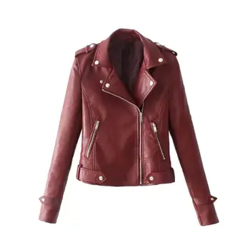 

faux leather jacket Solid Women Faux Leather Lapel Motorcycle Jacket Long Sleeve Zip Up Coat Women Classic Moto Biker Jacket